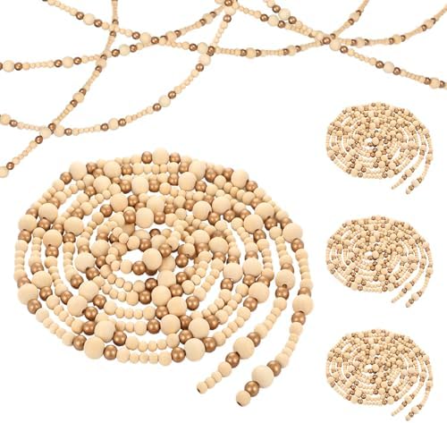 4 Pcs Christmas Tree Wood Bead Garland, 18 ft Each, Gold Wood Color by Loetere
