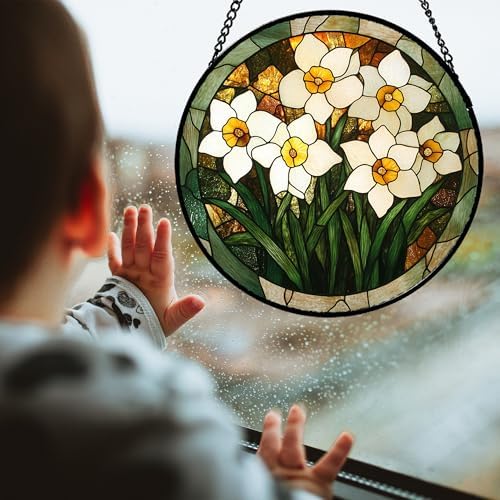 White Lily Flower Leaves Stained Glass Window Hanging Suncatcher Gifts 12" - Image 2