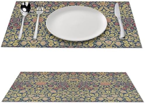 Retro Bohemian William Morris Plant Floral Placemats, Abstract Vintage Country Floral Leaf Print Table Mats, Tabletop Dining Room Kitchen Decoration 18" L x 12" W *6 PCS - Image 3
