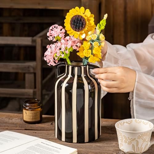 SURE YUESI Black Ceramic Vase with Handles, Modern Farmhouse Striped Decorative Vase, 9.1" Art Deco Tall Flower Vases for Pampas Grass, Shelf Decor, Dining Table Centerpiece, Living Room Home Decor - Image 6