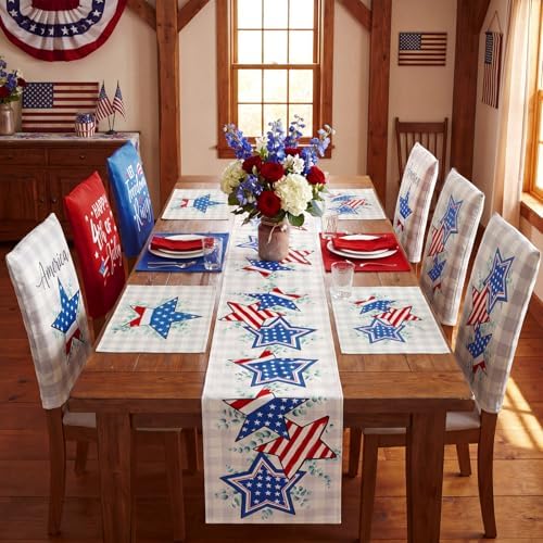 Newtay 13 Pcs 4th of July Table Runner Placemats and Dining Chair Cover Set Patriotic Red White Blue Decoration for 250th Anniversary Memorial Independence Day Kitchen Dining Home Party Decor(Bright) - Image 4