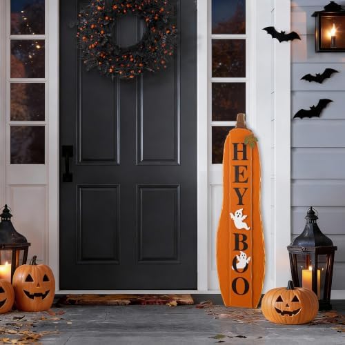 Glitzhome Fall Reversible Wood Pumpkin Porch Sign – 36" Dual-Sided Welcome Design with Autumn Leaves，Flips to Hey Boo for Halloween Entryway - Image 6