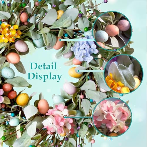 20 Inch Spring Easter Wreath for Front Door with Easter Egg & Lambs Ear - Image 3