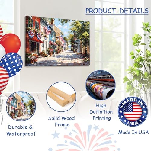 July 4th Patriotic Canvas Wall Art 4th of July USA Decorations American Flag Painting Picture Street Landscape Poster Independence Day Home Decor 20x24in - Image 4