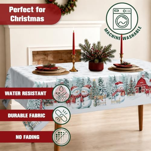 Rectangle Christmas Tablecloth 60x120 Inch, Farmhouse White Snowman Snowflake Table Cloth, Polyester Waterproof Wrinkle Resistant Xmas Table Cover for Holidays Dinning Table Decor - Image 6