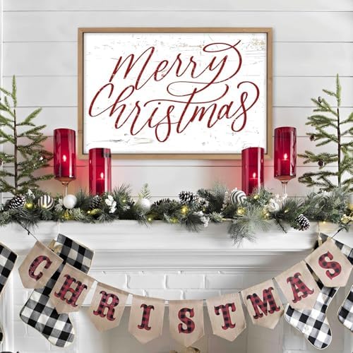 Merry Christmas Wall Decor Art Framed, 23.6×15.7 Inch Large Wooden Merry Christmas Sign, Xmas Holiday Indoor Living Room Bedroom Office Mantel Rustic Farmhouse Decorations for Home Kitchen - Image 3