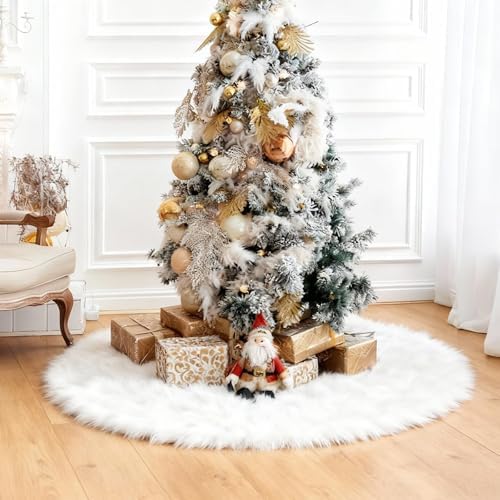 iMucci 60Inch Large Wool Fur Christmas Tree Skirt Extra Large Tree Skirt Plush White Christmas Tree Skirt for New Year Holiday Xmas Home Party Decor - Image 6