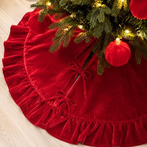 59-Inch Dark Red Ruffled Velvet Christmas Tree Skirt with Bow Ties, Extra Large Round Xmas Tree Base Cover for Christmas, New Year, Home and Party Decor, 150 cm - Image 3