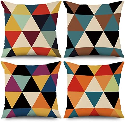 4 Pcs/Set Geometry Throw Pillow Covers Spring Colorful Boho Patchwork Color Linen Cushion Cases Outdoor Lumbar Pillows Case for Patio Furniture Couch Living Room Decorative, 24"x24" by VieSavaran