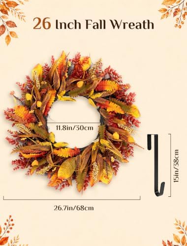 26" Fall Wreaths for Front Door: Autumn Eucalyptus Leaf Wreath - Image 3