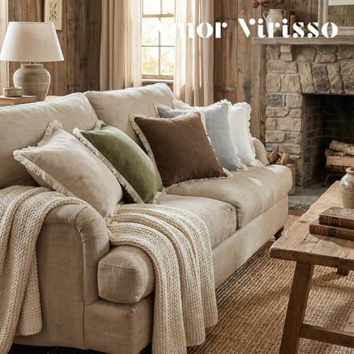 Amor Virisso Fringe Throw Pillow Covers 20x20 Set of 2 Boho Neutral Farmhouse Decorative Pillow Covers with Tassels for Couch Sofa Bed, Neutral - Image 7