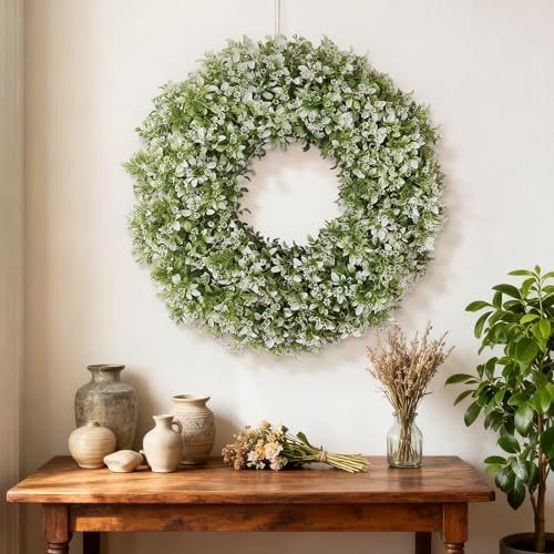 26" Large Artificial Boxwood Wreath for Front Door Decoration (White-Green) - Image 4