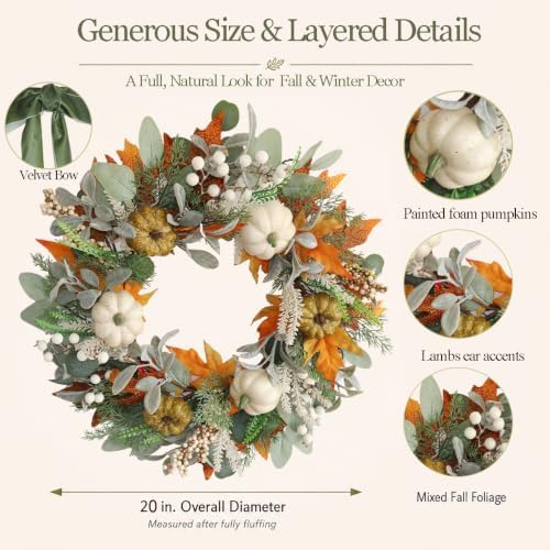 20 Inch Pre-Lit Cream and Gold Pumpkin Fall Wreath for Front Door - Image 2