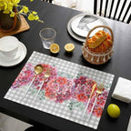 Red Flower Placemats Set of 4, Spring Rustic Floral Eucalyptus Leaves Gray Plaid Placemats for Dining Table Place Mats for Kitchen Table Waterproof Table Mats, Wipeable Dining Table Set - Image 3