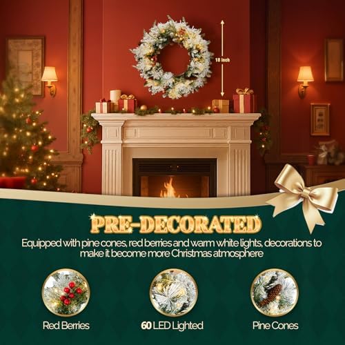 VINGLI 2 Pcs 18 Inch Small Christmas Wreath, Flocked Xmas Wreath w/60 Lights, 140 Tips, Pine Cones, Berries, PE&PVC Wreath with Lights for Indoor/Outdoor Holiday Decor, Battery Operated - Image 7