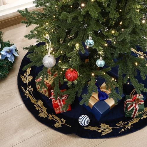 36 Inch Christmas Tree Skirt Velvet Xmas Tree Skirt with Gold Embroidery Holly Leaf Decorations for Christmas Party Favors Holiday New Year Decor(Blue) by Sonwyoung