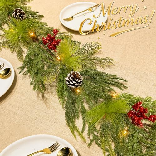 Prelit & Timer - 6FT Christmas Garland with Lights, Real Touch Norfolk Pine Garland Green Cedar Garlands Pine Needle Cypress Leaves Pinecone Red Berries Lighted Garland for Fireplace Table Xmas Decor - Image 3