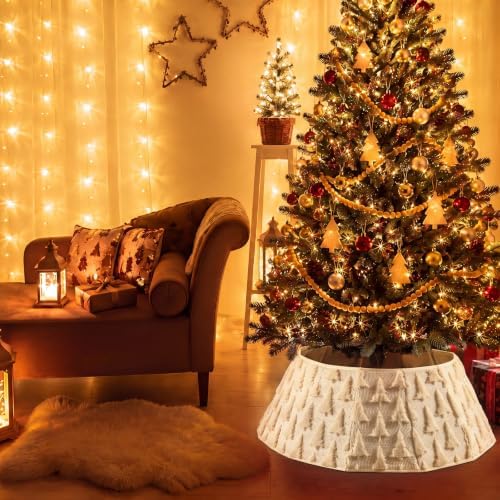 Soulchen 30 Inch Christmas Tree Collar Beige Xmas Tree Skirt Ring Jacquard Velvet Foldable Christmas Base Cover for Xmas Base Stand Cover Holiday Party Indoor Home Decorations - Image 6