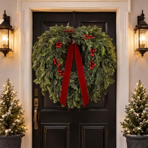 Suncalla 32''Christmas Wreath for Front Door Artificial Cedar Winter Wreath | Wreath with Berry and Ribbon, Lifelike Faux Pine Needle, Fake Greenery Wreath, for Porch Holiday Outdoor Xmas Decor by Unknown