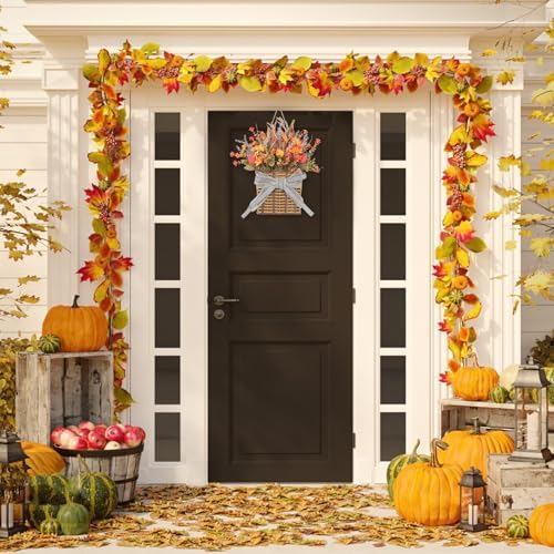 Fall Door Hanger Basket Wreath 15" Artificial Autumn Thanksgiving Wildflowers Wreaths Basket with Lantern Fruits Chrysanthemums Wheat Stems for Front Door Harvest Festival Porch Farmhouse Decor - Image 5
