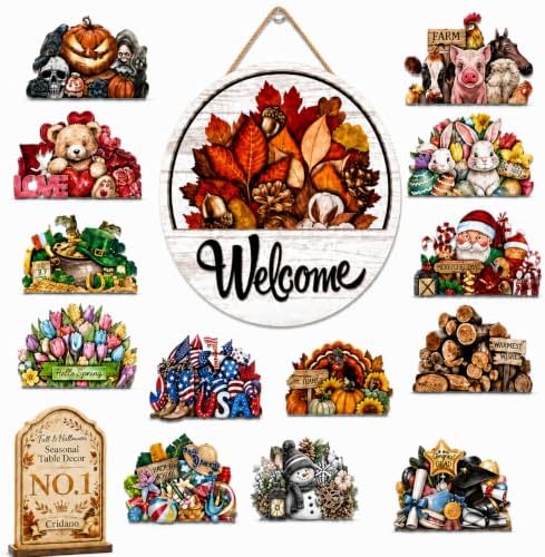 16 Pcs Interchangeable Welcome Sign for Front Door, 12 Inch Wooden Round Door Hanger with 15 Magnetic Seasonal Icons, Farmhouse Porch Entryway Decor for Holiday & Year Round，2Set by Cridano
