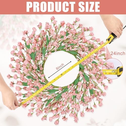 24" Spring Wreaths for Front Door Not Withering Artificial Floral Wreath with Wildflowers Summer Decorations for Indoor Outdoor Window Wall Farmhouse Porch Wedding Easter Home Decor Pink - Image 4