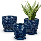 Hollyone Set of 3 Blue Ceramic Planter 6 Inch Flower Plant Pot with Drainage Hole and Saucer for Plants Embossed Indoor Outdoor Garden Embossed Ceramic Glazed Round Pot for Succulent Orchid by Hollyone