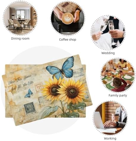 Vintage Butterfly Sunflower Placemats Set of 6 Bless Home and All Who Enter Table Mats Place Mats Decor Imitation Linen Heat Resistant Tablecloth for Dining Kitchen Party Restaurants 12''x18'' - Image 7