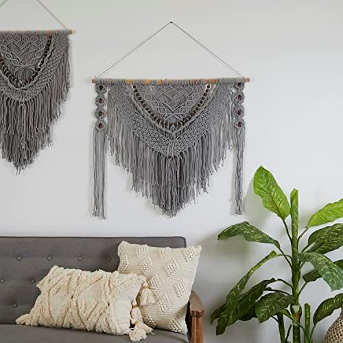 Deco 79 Cotton Macrame Wall Decor with Beaded Tassels, 36" x 1" x 46", Gray - Image 2