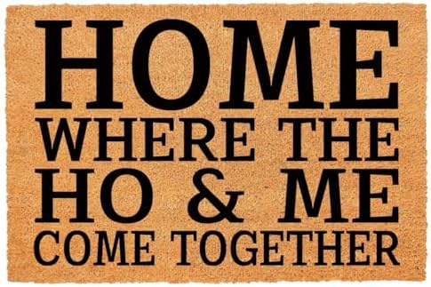 Funny Coir Doormat Home Where The Ho & Me Come Together Entryway Outdoor Floor Mat with Heavy-Duty PVC Backing Non Slip Cursive Natural Coconut Coir Brown Mat with Black Font 23.6 x 15.7 inch by FAGGMY