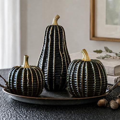 Pumpkin Fall Decor Indoor, 3Pcs Resin Black & Gold Pumpkin for Decorating by Unknown