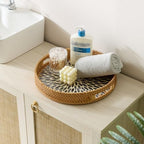 YANGQIHOME Round Rattan Tray with Handle, Mother of Pearl Inlay Decorative Wicker Basket for Coffee, Bread, Fruits, Serving Tray for Home Decor, Blue Leaf - Image 5