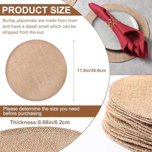 Yunlly Set of 48 Burlap Placemats Bulk 11.8 in Round Woven Placemat, Brown - Image 2