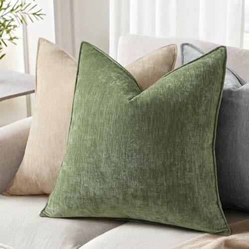 decorUhome Chenille Olive Green Velvet Throw Pillow Covers 26x26 Set of 2 - Image 3