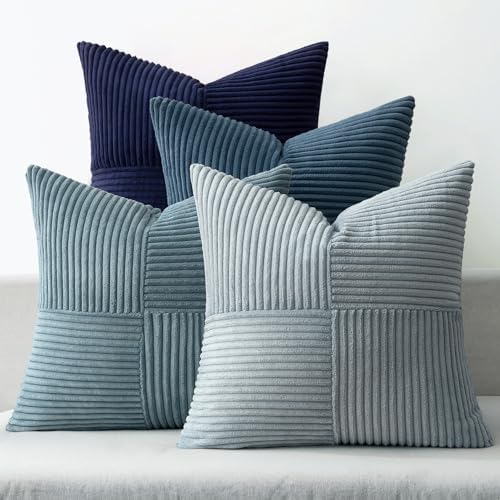 MIULEE Dusty Blue Navy Farmhouse Throw Pillow Covers 20x20 Inch Set of 4 Boho Patchwork Gradient Cushion Cases Western Modern Pillow Cases Corduroy Home Decor for Couch Sofa Living Room Bed by MIULEE