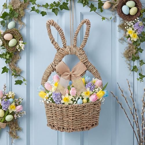 Reallnaive 16 x 9.4 x 3.9 Inch Easter Bunny Basket Hand Woven Wicker Rabbit Wreath Basket Hanging Wall Pocket Spring Wreath Decor with White Floral for Front Door Hanging Decoration - Image 4
