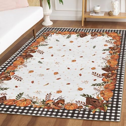 Artoid Mode Buffalo Plaid Pumpkins Mushrooms Birdhouse Leaves Fall Area Rug, Autumn Thanksgiving Home Decor Low-Profile Washable Area Rugs for Entryway Bedroom Living Room Laundry Room Indoor 5x7 Feet - Image 2