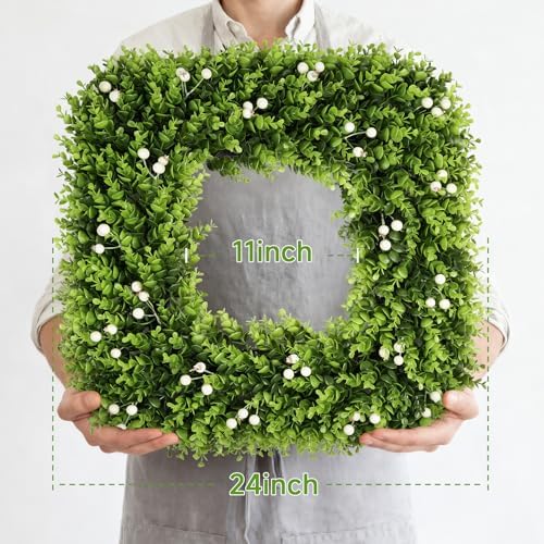 24 Inch Large Boxwood Wreath with White Berries, Spring Summer Artificial Green Wreaths for Front Door Farmhous Wedding Window Hanging Wall All Year Round Indoor & Outdoor - Image 2