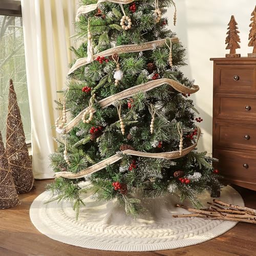 Christmas Tree Skirt 48 Inches: Annual Rings Chunky Cable Knit Cream White Tree Skirt, Thick Rustic Christmas Tree Decorations Neutral Christmas Decor Christmas Tree Skirts Xmas Home Party Supplies - Image 3
