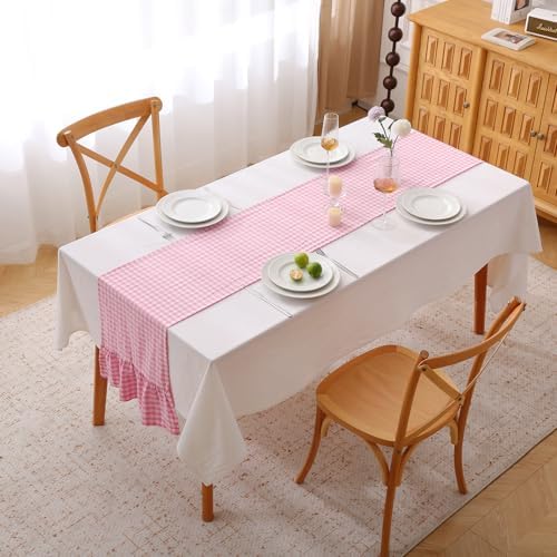 Pink White Plaid Gingham Ruffle Table Runner Cabinet Cover 13"x120" - Image 2