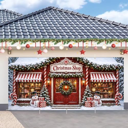 7x16FT Christmas Shop Garage Door Cover Decorations Merry Christmas Garage Door Banner for Outdoor Indoor Christmas Decorations Party Photography Backdrop by ANNAQUEEN