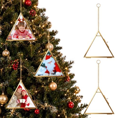 Qunclay 6 Pcs 5" Christmas Brass Picture Frame Ornaments Xmas Metal Double Glass Hanging Photo Frame with Metal Chain for Christmas Tree Decorations(Gold, Triangle) by Qunclay