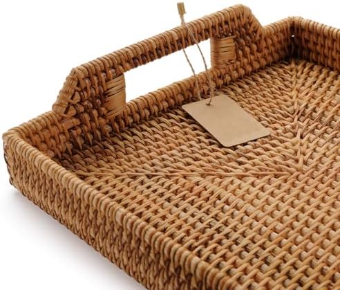 Hand-Woven Rattan Rectangular Serving Tray with Handles for Breakfast, Drinks, Snack for Coffee Table (17x11.4x1.8inches) - Image 3