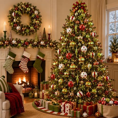 Lunmon 64 Pcs Lime Green Red Christmas Ornament Polka Dot Stripe Xmas Bulbs - Image 2