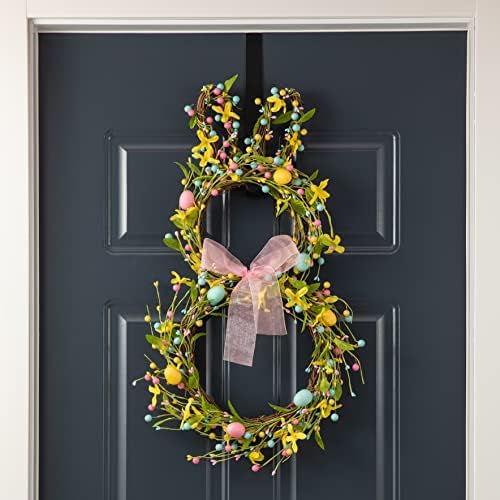Glitzhome 24.8”H Easter Bunny Spring Wreath with Ribbon Bow Easter Eggs for Front Door Wall Decoration Easter Rabbit Garland with Colored Eggs Berries Wall Front Door Easter Decoration by Glitzhome