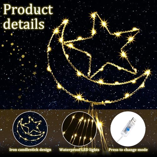 Glooglitter Ramadan Mubarak Eid Moon Star Lights Outdoor Decor 11.5ft Warm LED Waterfall Lights Extension Cord USB Powered for Tree Outside Yard Garden Patio Wall Porch Decorations - Image 2