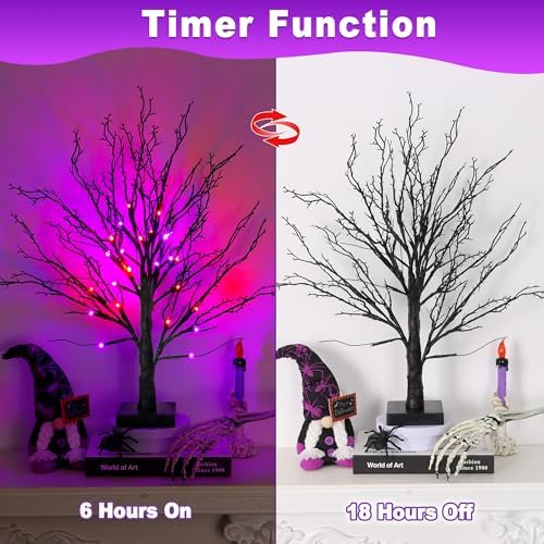 2 Pack 24 Inch Black Halloween Tree with 24 LED Orange Purple Lights, USB Battery Operated Halloween Table Decorations Tree Light with Timer, Scary Halloween Decorations Indoor for Home Party Decor - Image 3