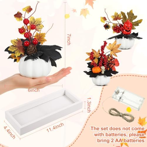 Yalikop 4 Pcs Pumpkin Table Centerpiece for Thanksgiving Decoration Mini Wood Tray with Artificial Fall Maple LED Light Skull Decor for Autumn Harvest Thanksgiving Party Supplies(White) - Image 2