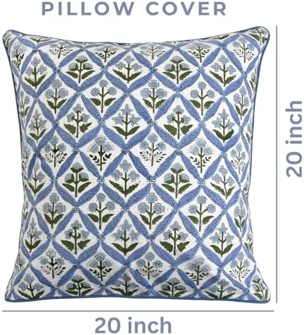 Ridhi Block Print Light Steel Blue Pillow Cover 20" x 20" (Pack of 2) Decorative Couch Pillows for Living Room, Chic Boho Cute Outdoor Pillows Covers Gifts for Spring, Easter and Valentine - Image 3
