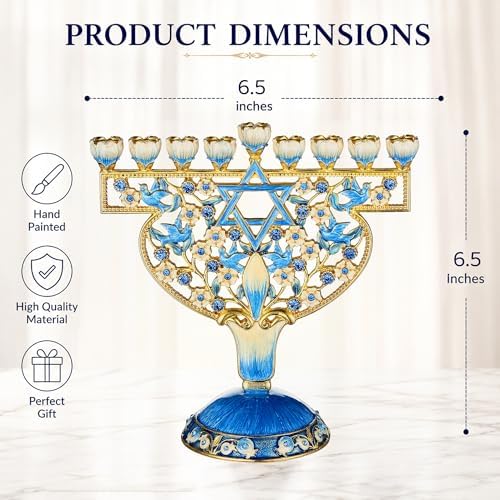 Matashi Hand-Painted Blue & Gold 9-Branch Hanukkah Menorah Candelabra Gift - Image 2